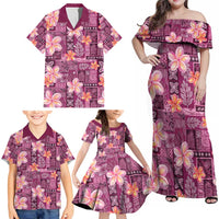 Pink Hawaii Plumeria With Tropical Flowers Motifs Family Matching Off Shoulder Maxi Dress and Hawaiian Shirt