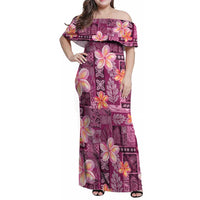 Pink Hawaii Plumeria With Tropical Flowers Motifs Family Matching Off Shoulder Maxi Dress and Hawaiian Shirt