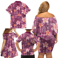 Pink Hawaii Plumeria With Tropical Flowers Motifs Family Matching Off Shoulder Short Dress and Hawaiian Shirt