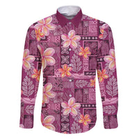 Pink Hawaii Plumeria With Tropical Flowers Motifs Family Matching Off Shoulder Short Dress and Hawaiian Shirt