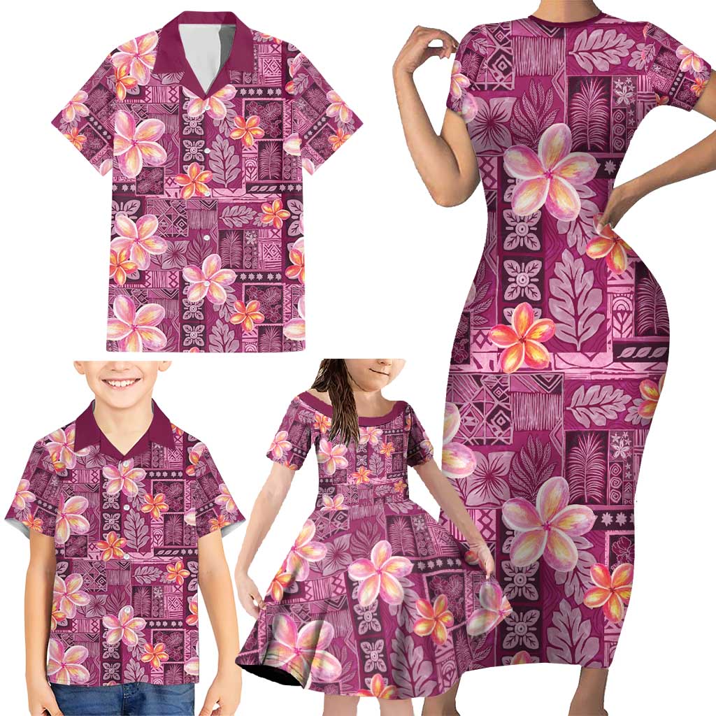 Pink Hawaii Plumeria With Tropical Flowers Motifs Family Matching Short Sleeve Bodycon Dress and Hawaiian Shirt