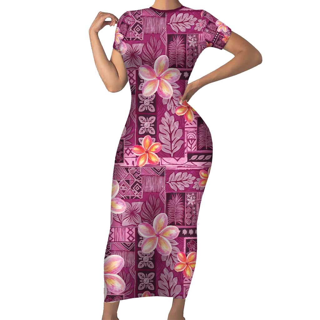 Pink Hawaii Plumeria With Tropical Flowers Motifs Family Matching Short Sleeve Bodycon Dress and Hawaiian Shirt