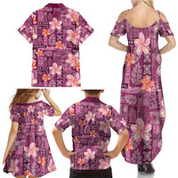 Pink Hawaii Plumeria With Tropical Flowers Motifs Family Matching Summer Maxi Dress and Hawaiian Shirt