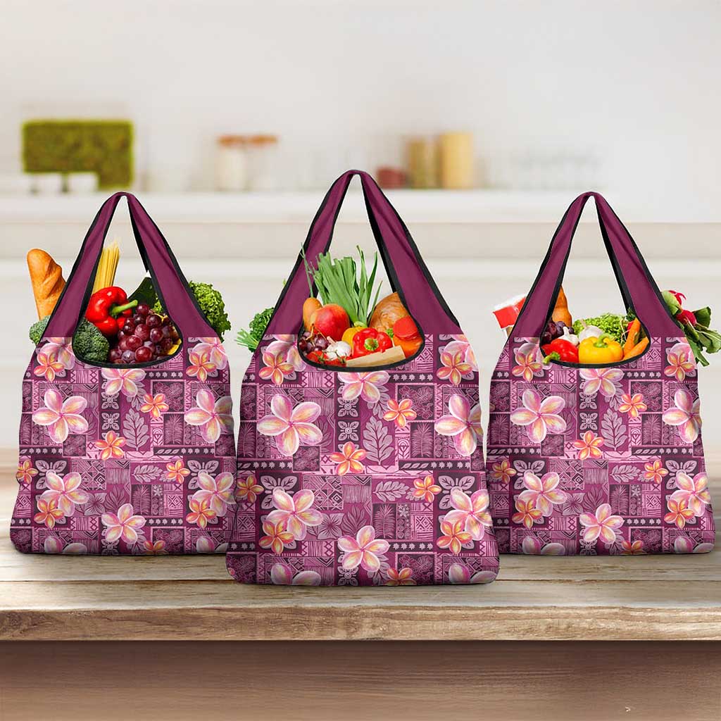 Pink Hawaii Plumeria With Tropical Flowers Motifs Grocery Bag