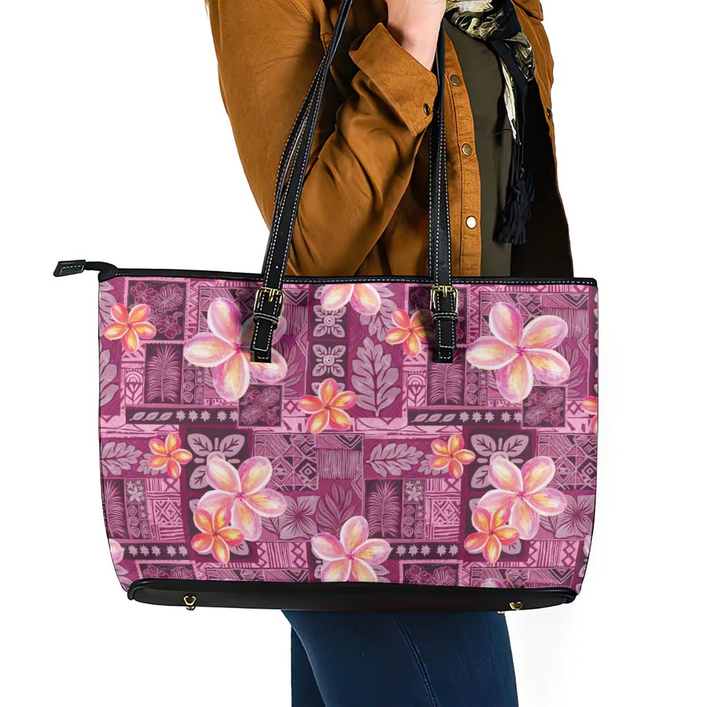 Pink Hawaii Plumeria With Tropical Flowers Motifs Leather Tote Bag