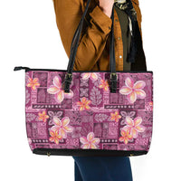Pink Hawaii Plumeria With Tropical Flowers Motifs Leather Tote Bag