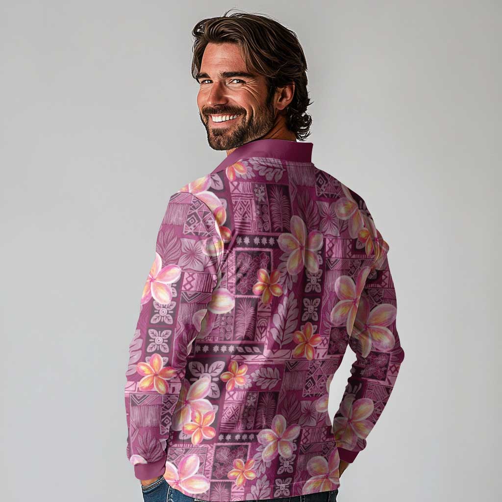 Pink Hawaii Plumeria With Tropical Flowers Motifs Long Sleeve Polo Shirt