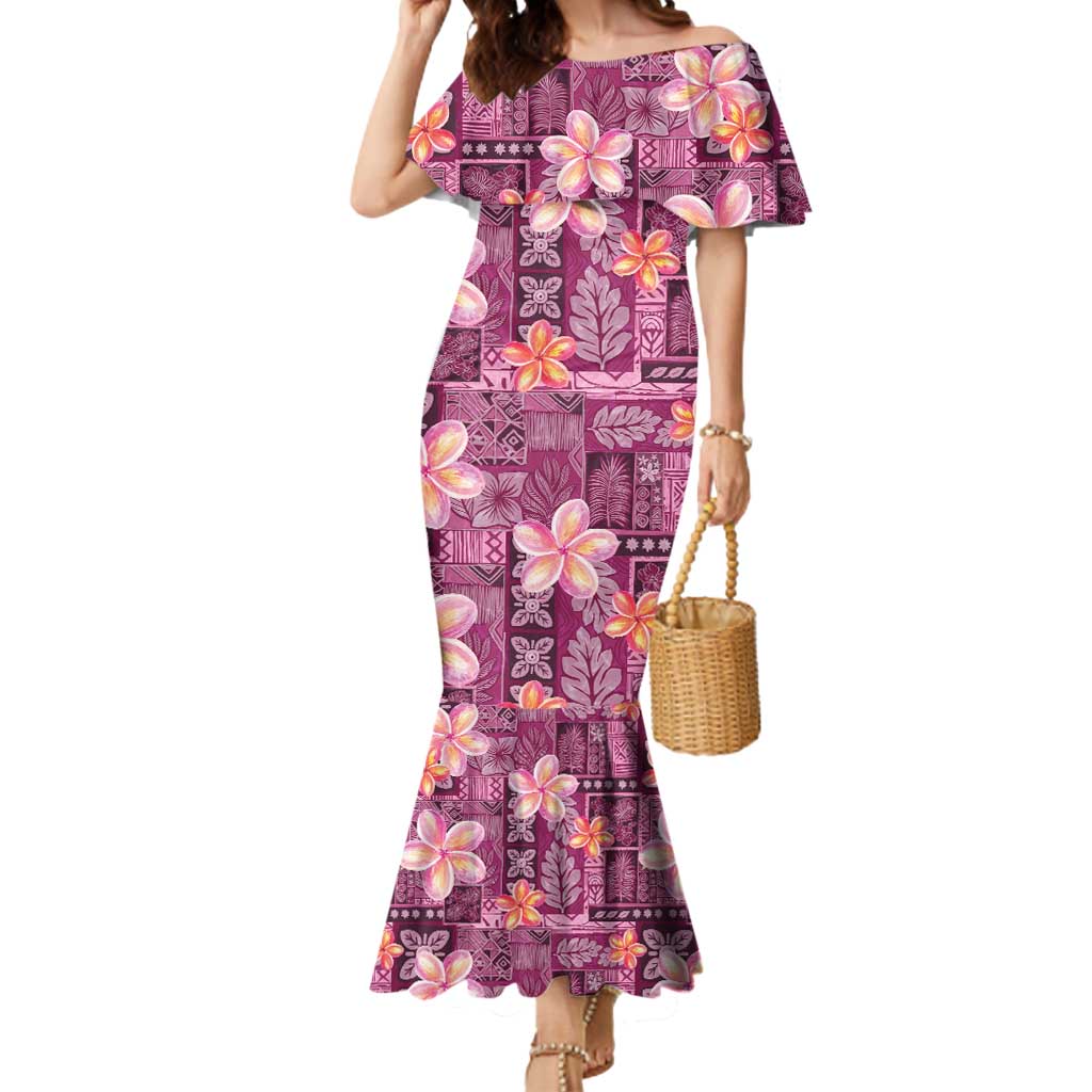 Pink Hawaii Plumeria With Tropical Flowers Motifs Mermaid Dress