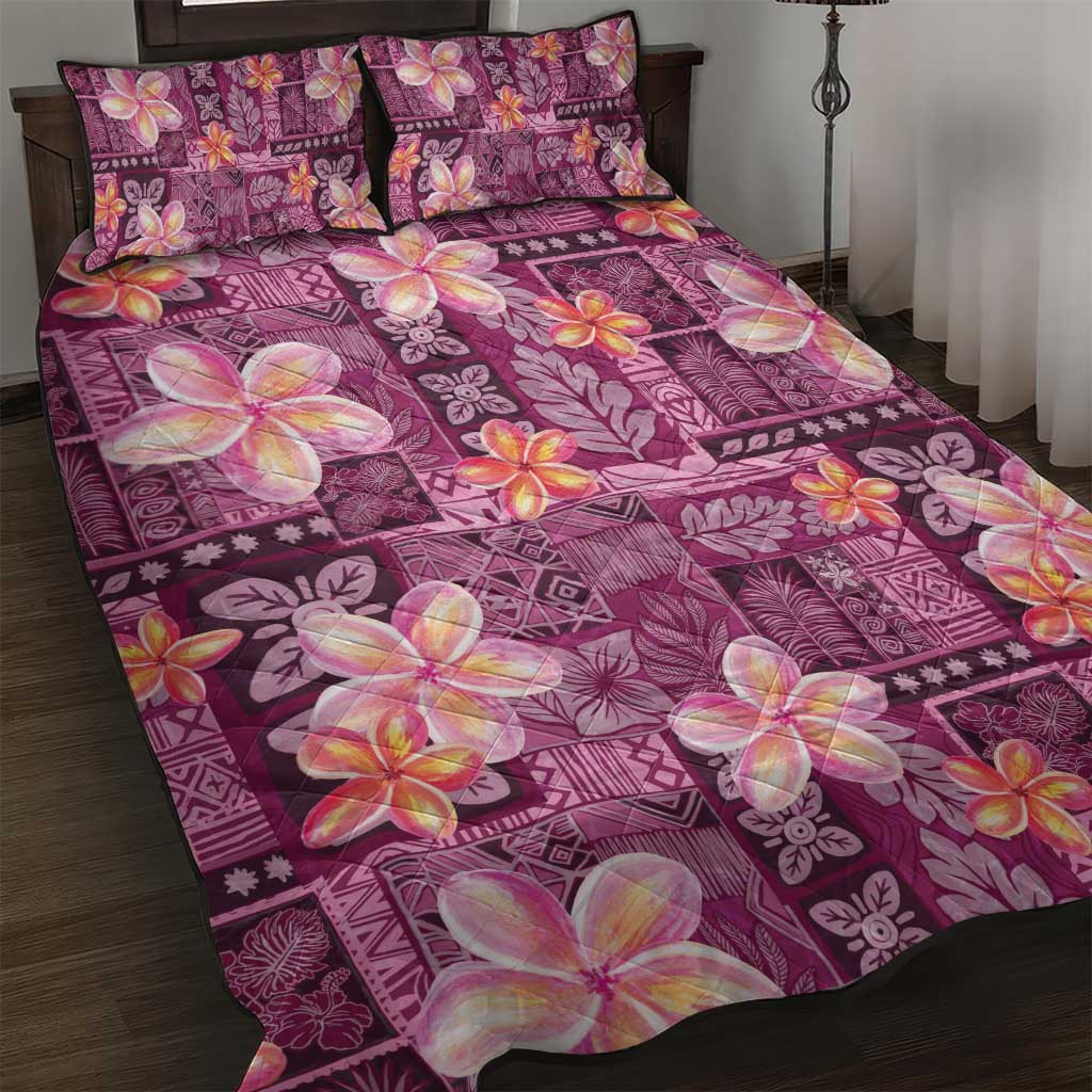 Pink Hawaii Plumeria With Tropical Flowers Motifs Quilt Bed Set