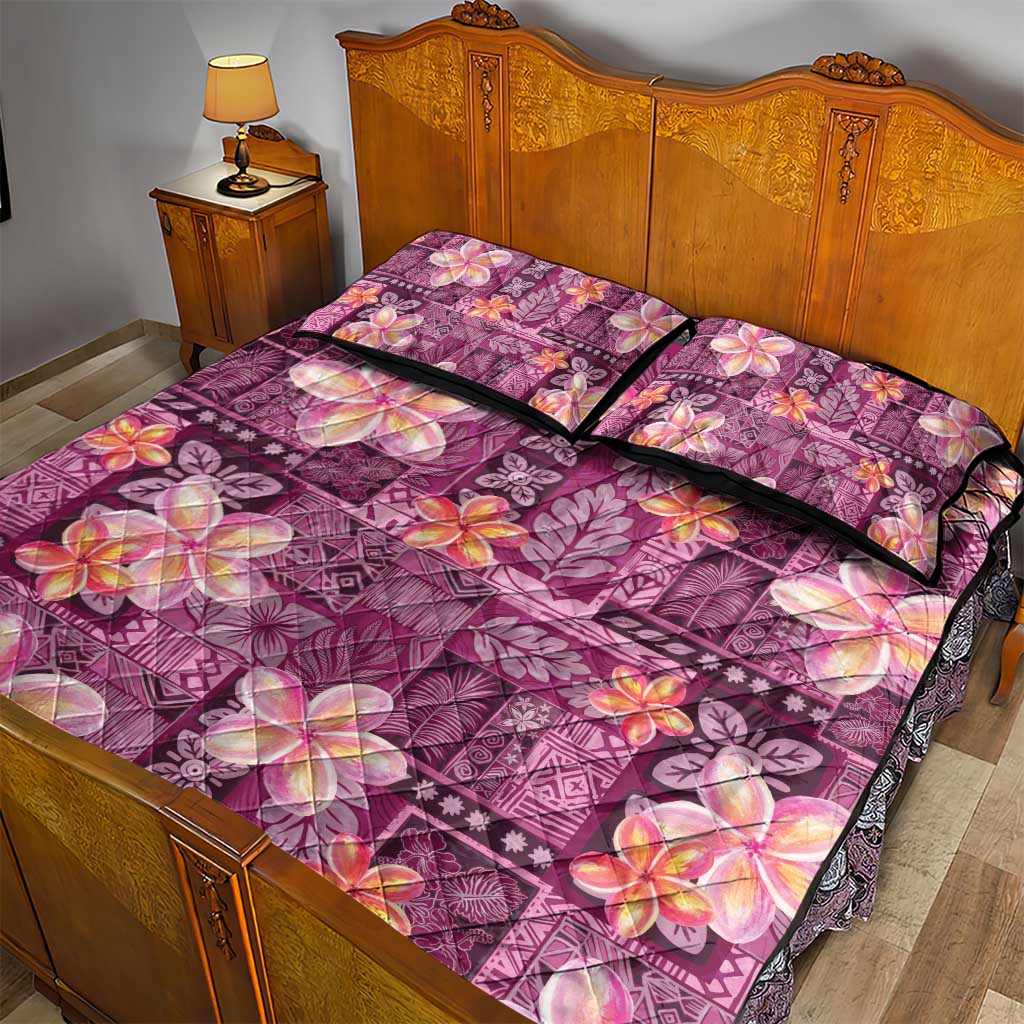 Pink Hawaii Plumeria With Tropical Flowers Motifs Quilt Bed Set