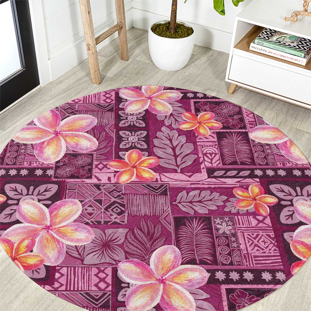 Pink Hawaii Plumeria With Tropical Flowers Motifs Round Carpet