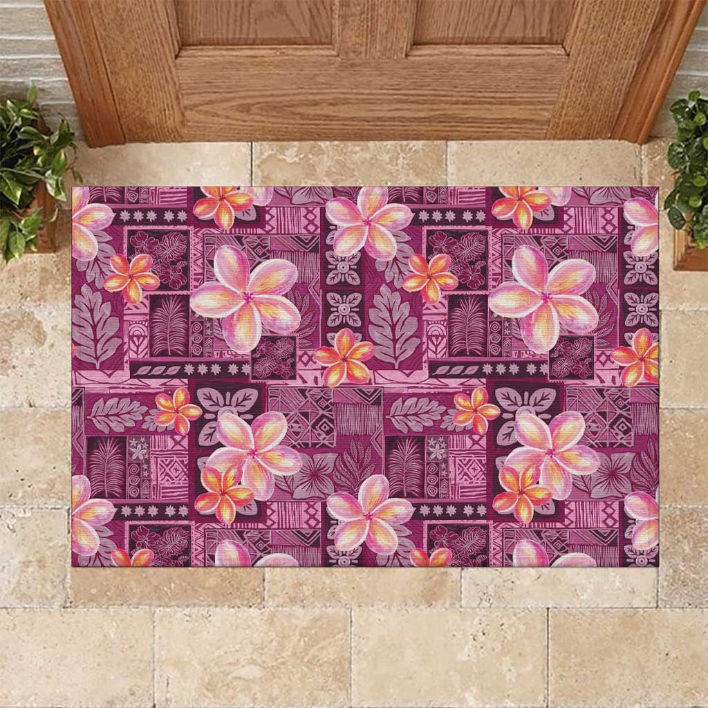 Pink Hawaii Plumeria With Tropical Flowers Motifs Rubber Doormat LT14 Pink - Polynesian Pride