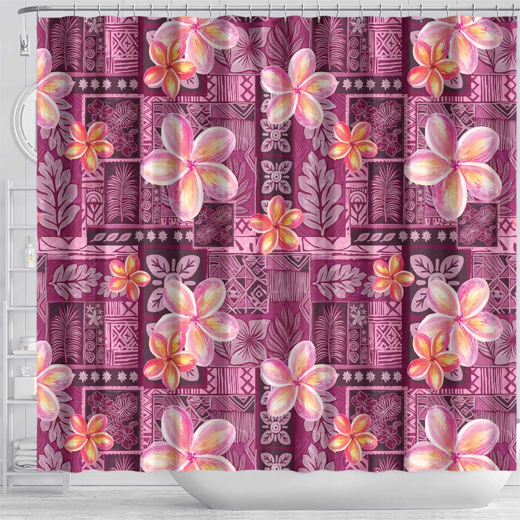 Pink Hawaii Plumeria With Tropical Flowers Motifs Shower Curtain