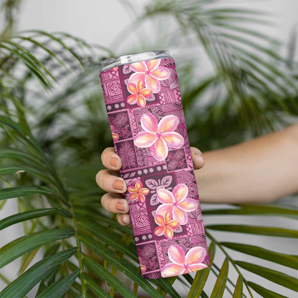 Pink Hawaii Plumeria With Tropical Flowers Motifs Skinny Tumbler