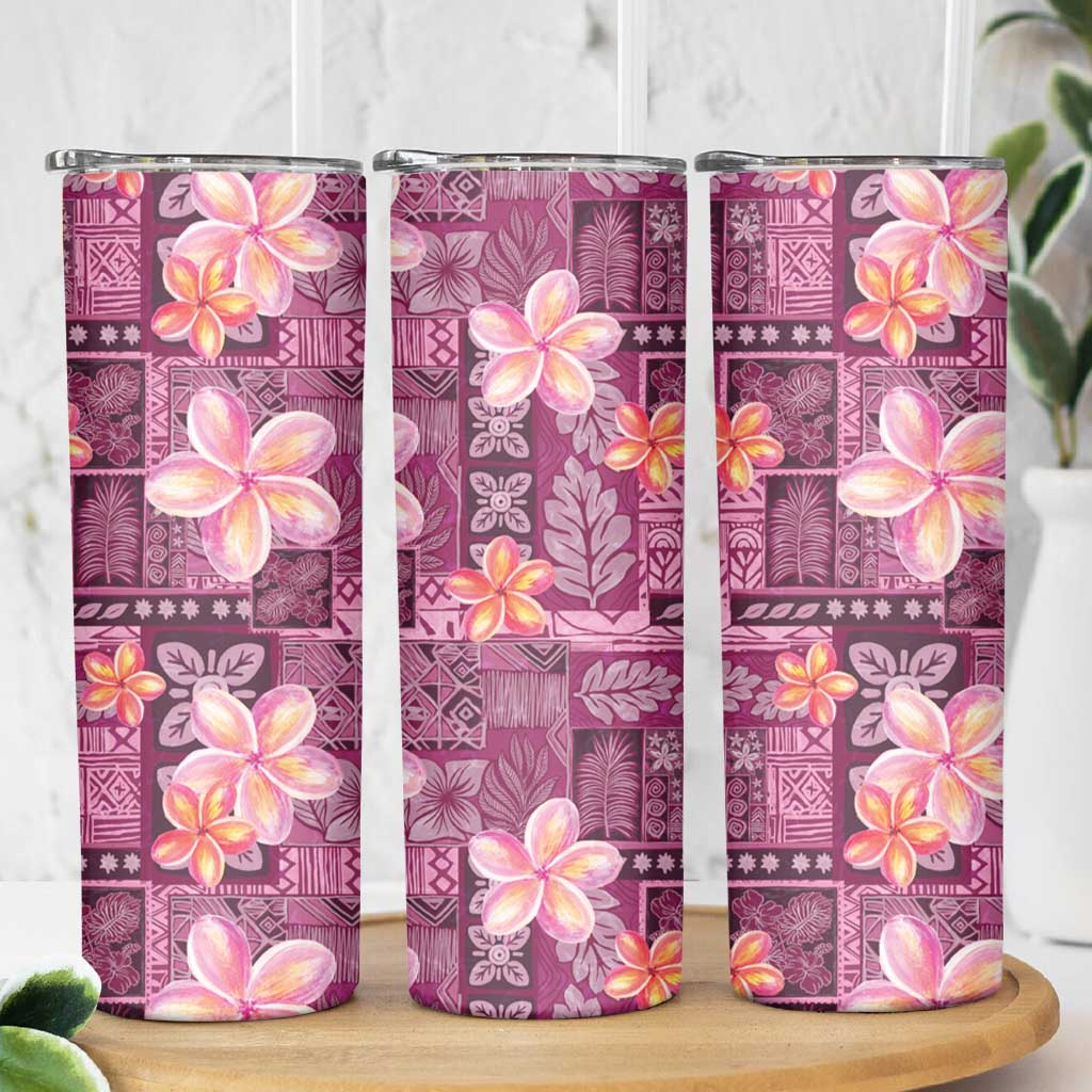 Pink Hawaii Plumeria With Tropical Flowers Motifs Skinny Tumbler