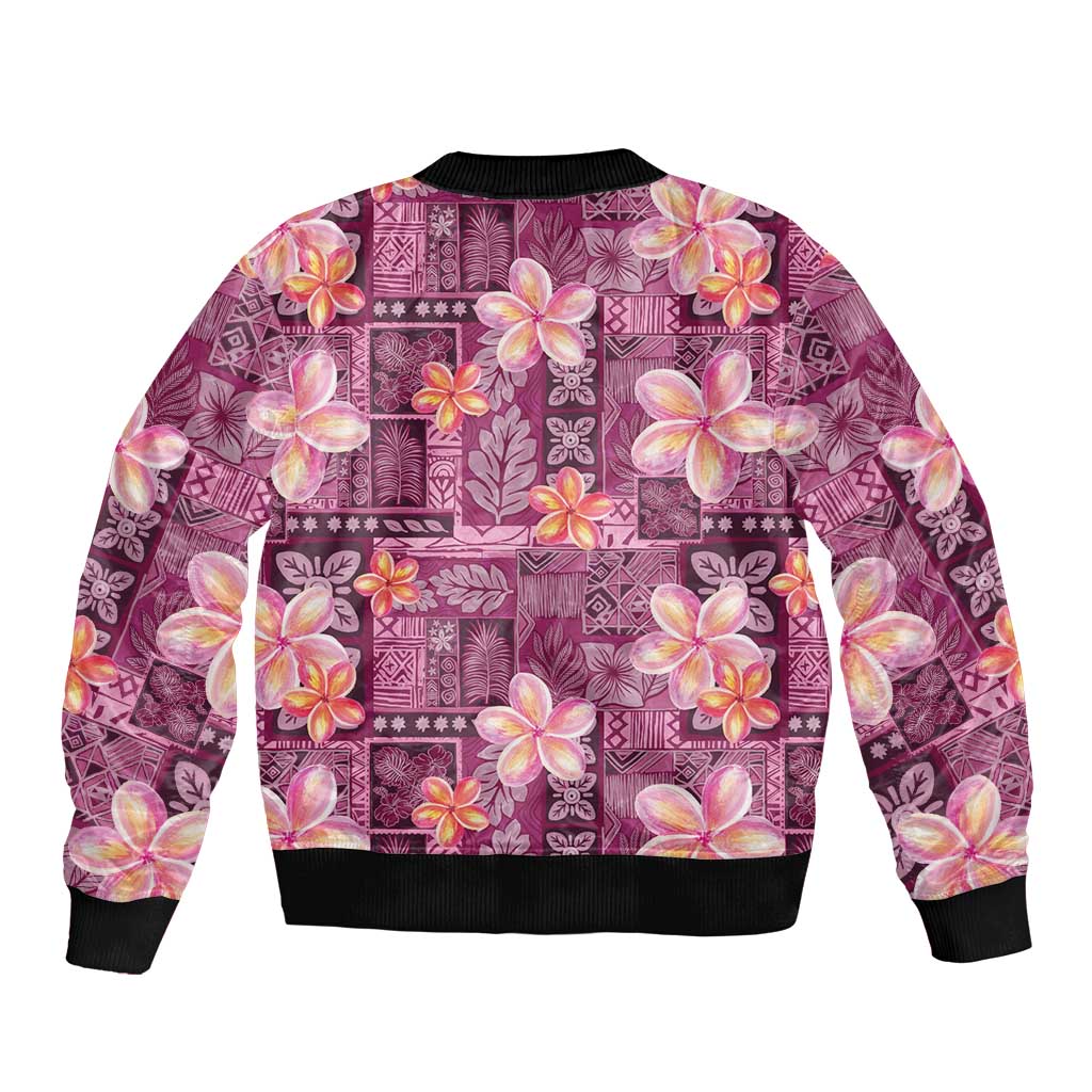 Pink Hawaii Plumeria With Tropical Flowers Motifs Sleeve Zip Bomber Jacket
