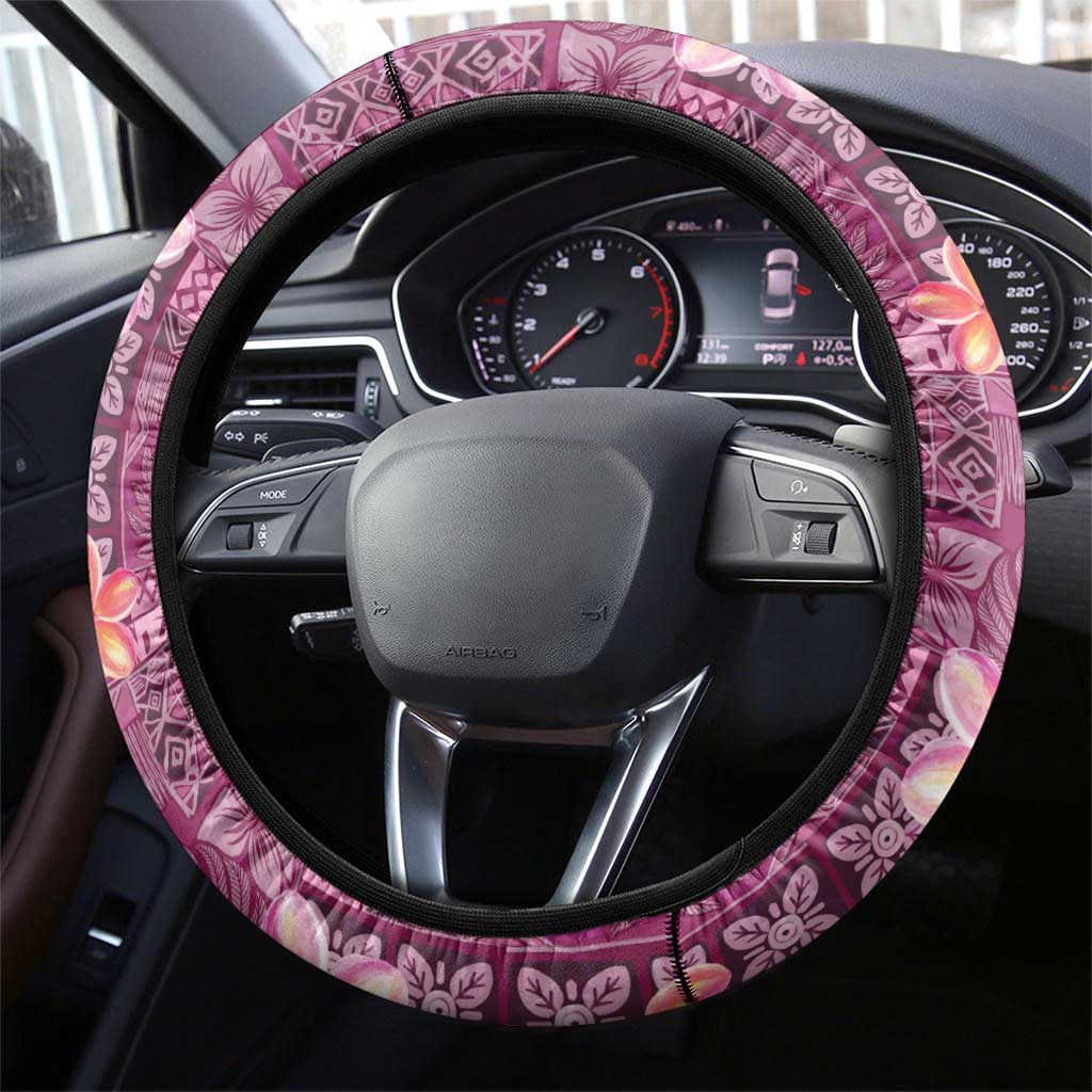Pink Hawaii Plumeria With Tropical Flowers Motifs Steering Wheel Cover