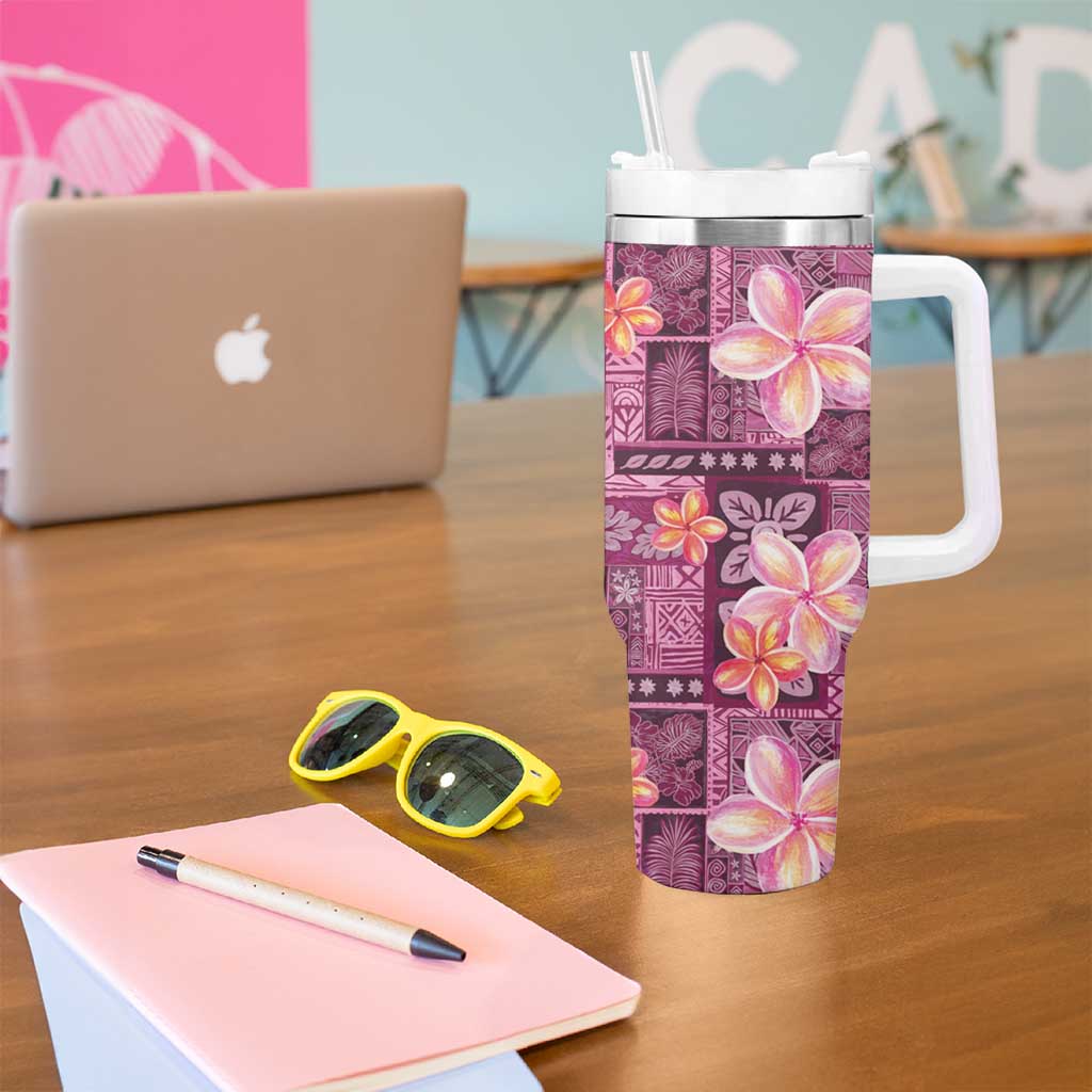 Pink Hawaii Plumeria With Tropical Flowers Motifs Tumbler With Handle