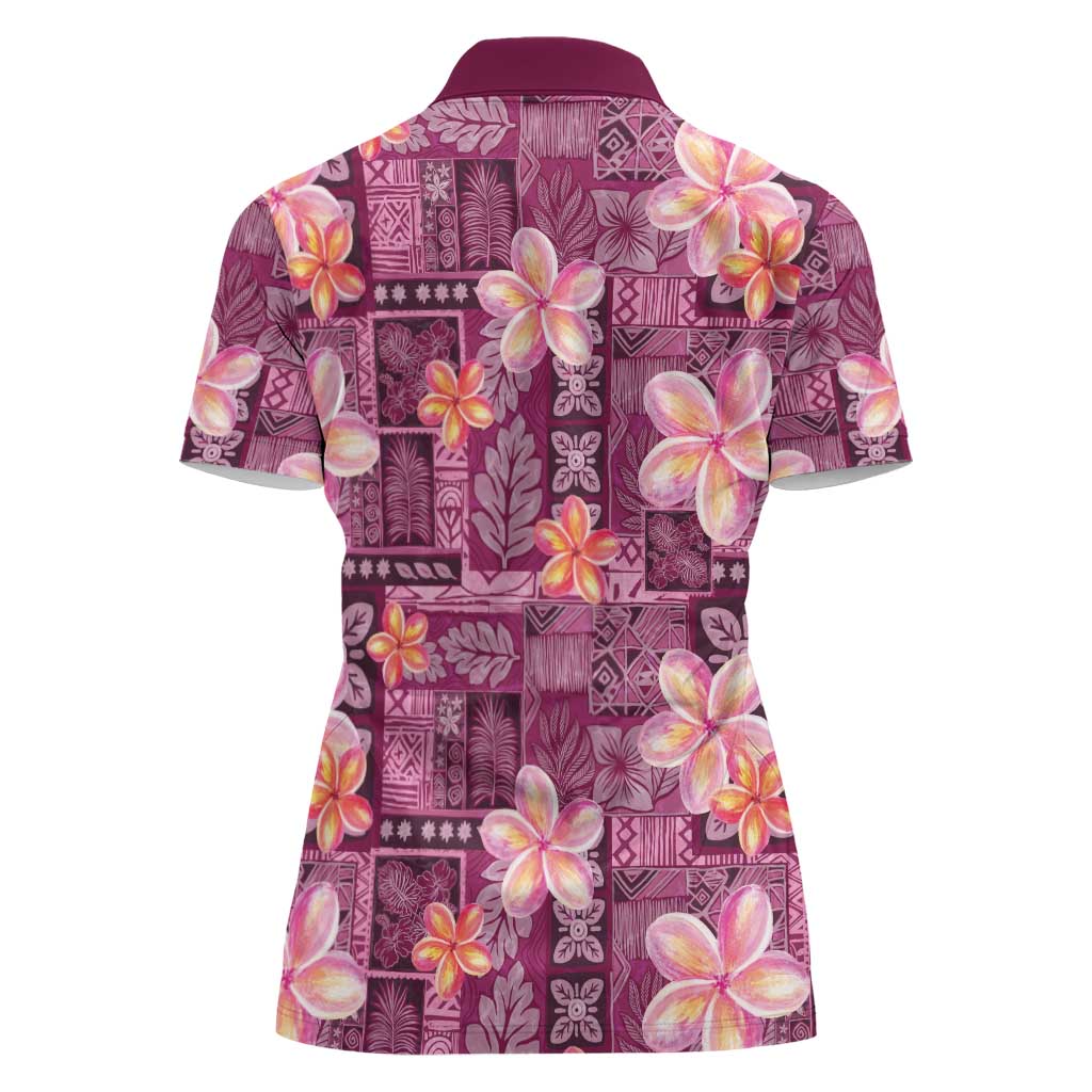 Pink Hawaii Plumeria With Tropical Flowers Motifs Women Polo Shirt