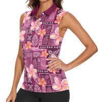 Pink Hawaii Plumeria With Tropical Flowers Motifs Women Sleeveless Polo Shirt