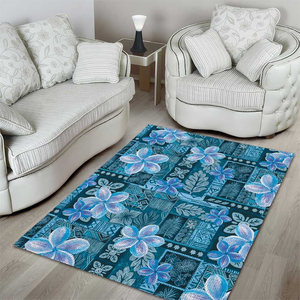 Cyan Hawaii Plumeria With Tropical Flowers Motifs Area Rug