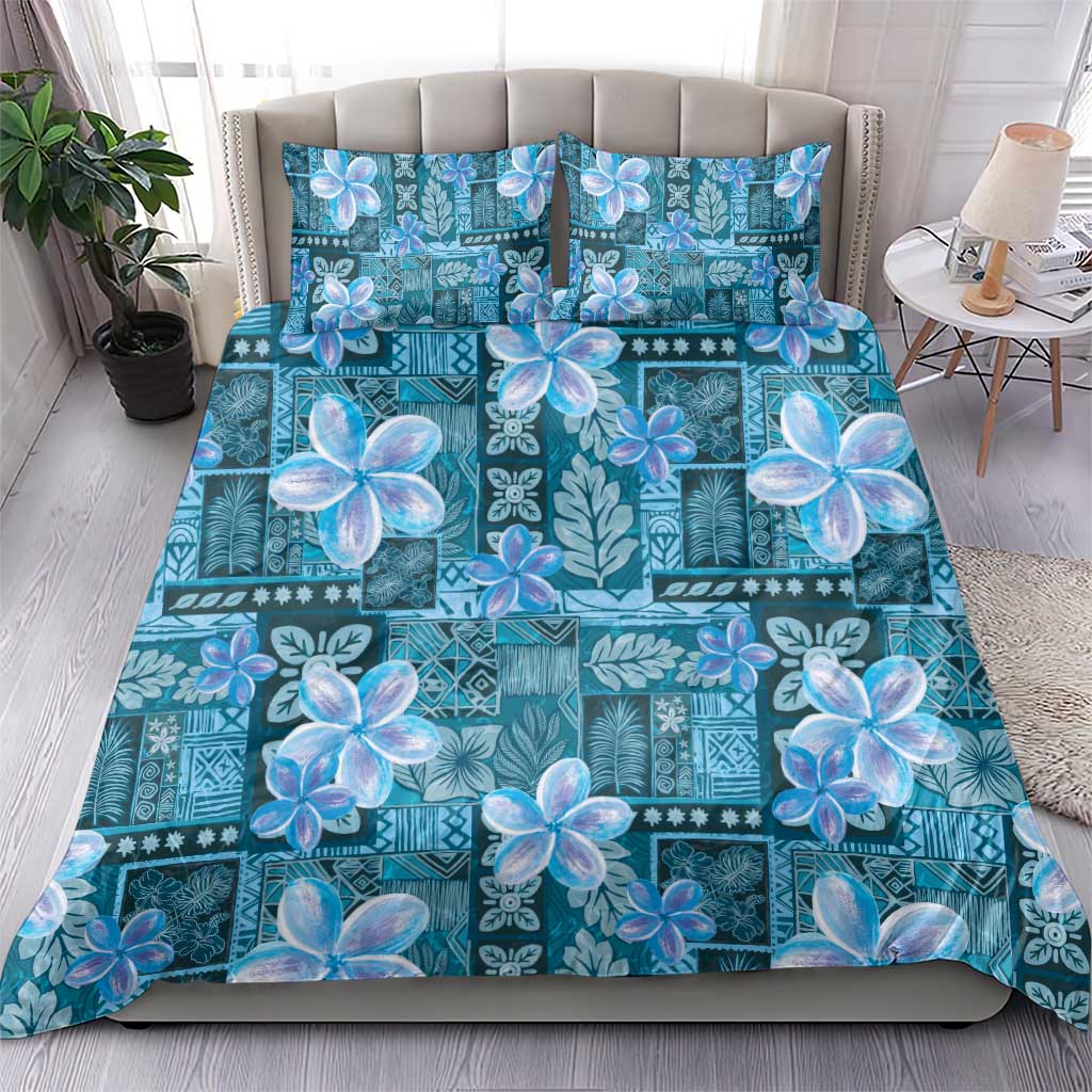 Cyan Hawaii Plumeria With Tropical Flowers Motifs Bedding Set