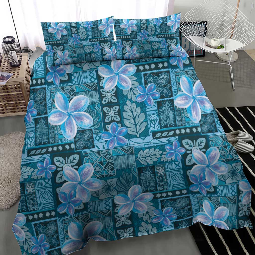 Cyan Hawaii Plumeria With Tropical Flowers Motifs Bedding Set