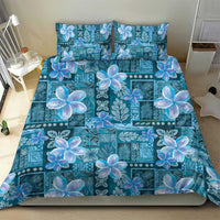 Cyan Hawaii Plumeria With Tropical Flowers Motifs Bedding Set