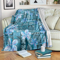 Cyan Hawaii Plumeria With Tropical Flowers Motifs Blanket