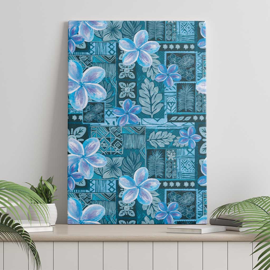 Cyan Hawaii Plumeria With Tropical Flowers Motifs Canvas Wall Art