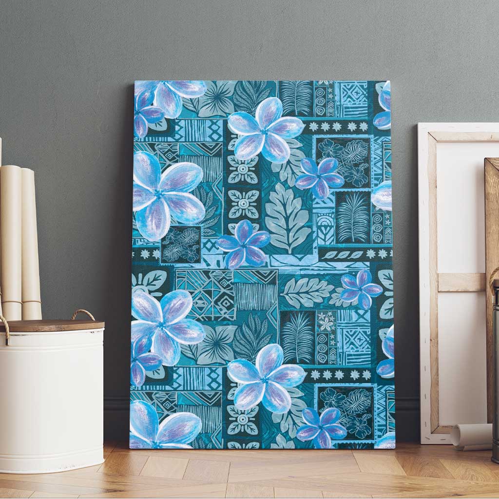 Cyan Hawaii Plumeria With Tropical Flowers Motifs Canvas Wall Art