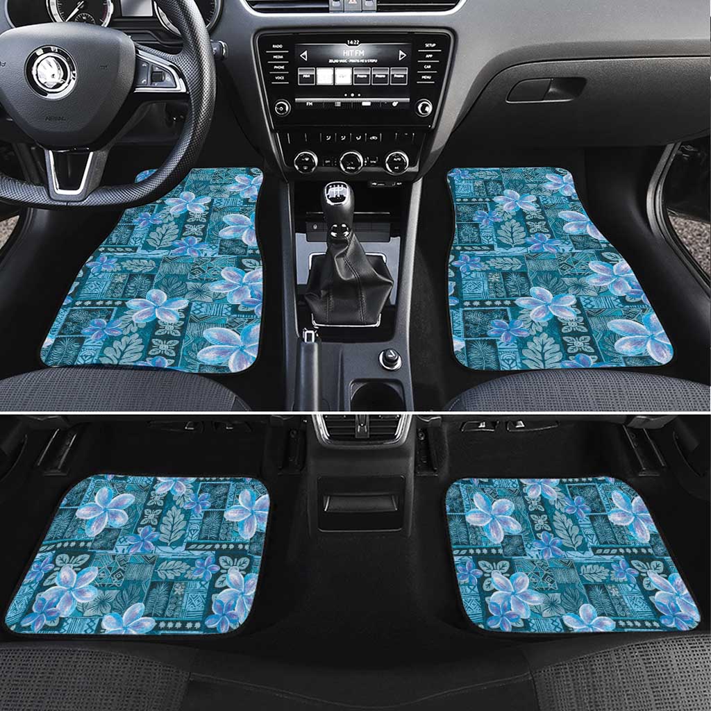 Cyan Hawaii Plumeria With Tropical Flowers Motifs Car Mats