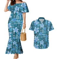 Cyan Hawaii Plumeria With Tropical Flowers Motifs Couples Matching Mermaid Dress and Hawaiian Shirt