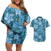 Cyan Hawaii Plumeria With Tropical Flowers Motifs Couples Matching Off Shoulder Short Dress and Hawaiian Shirt