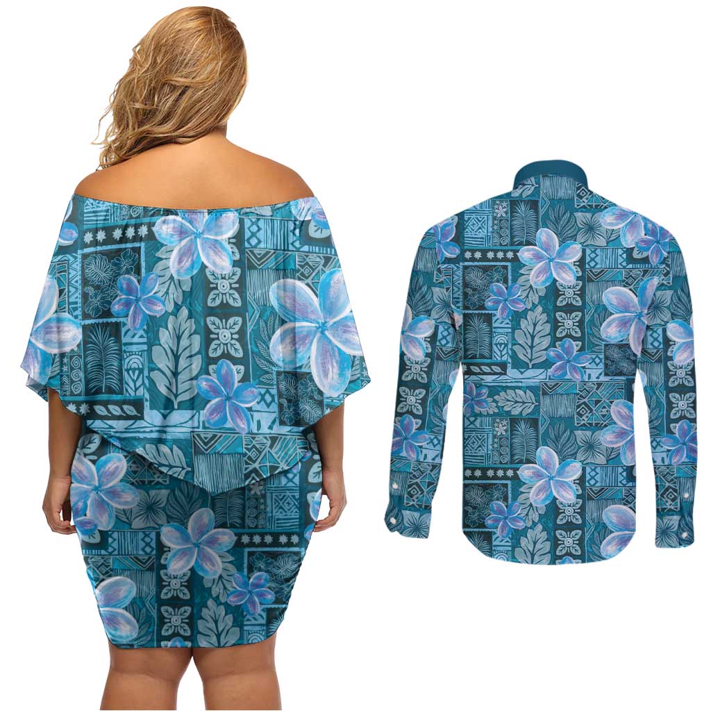 Cyan Hawaii Plumeria With Tropical Flowers Motifs Couples Matching Off Shoulder Short Dress and Long Sleeve Button Shirt