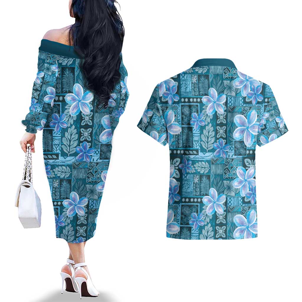 Cyan Hawaii Plumeria With Tropical Flowers Motifs Couples Matching Off The Shoulder Long Sleeve Dress and Hawaiian Shirt