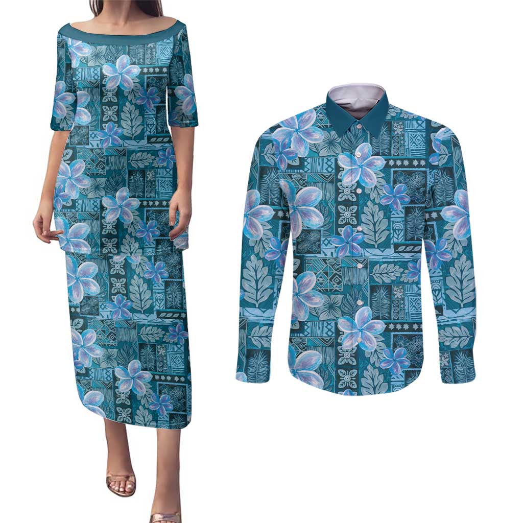 Cyan Hawaii Plumeria With Tropical Flowers Motifs Couples Matching Puletasi and Long Sleeve Button Shirt