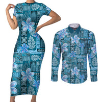 Cyan Hawaii Plumeria With Tropical Flowers Motifs Couples Matching Short Sleeve Bodycon Dress and Long Sleeve Button Shirt