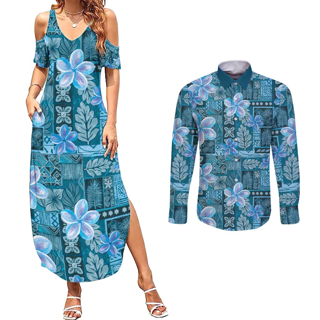 Cyan Hawaii Plumeria With Tropical Flowers Motifs Couples Matching Summer Maxi Dress and Long Sleeve Button Shirt