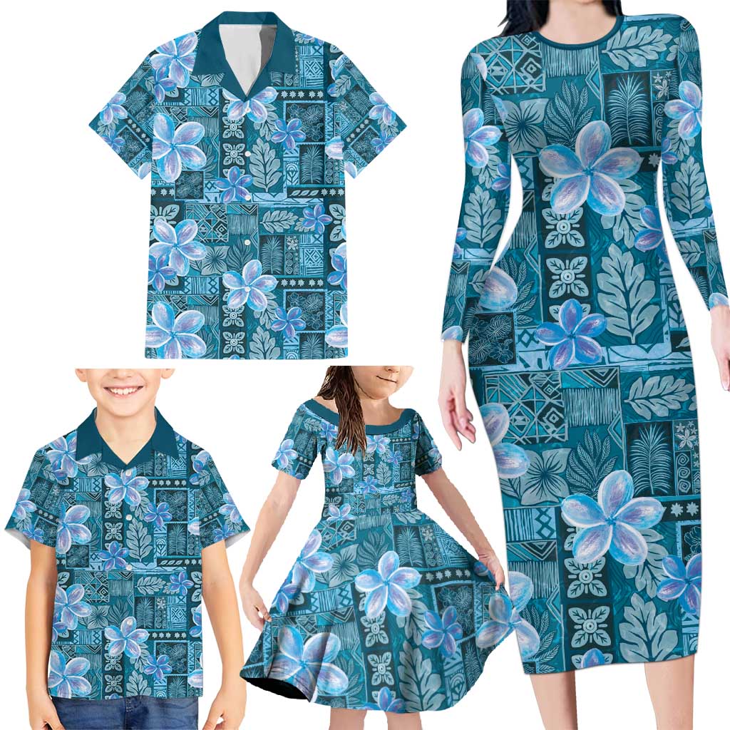 Cyan Hawaii Plumeria With Tropical Flowers Motifs Family Matching Long Sleeve Bodycon Dress and Hawaiian Shirt