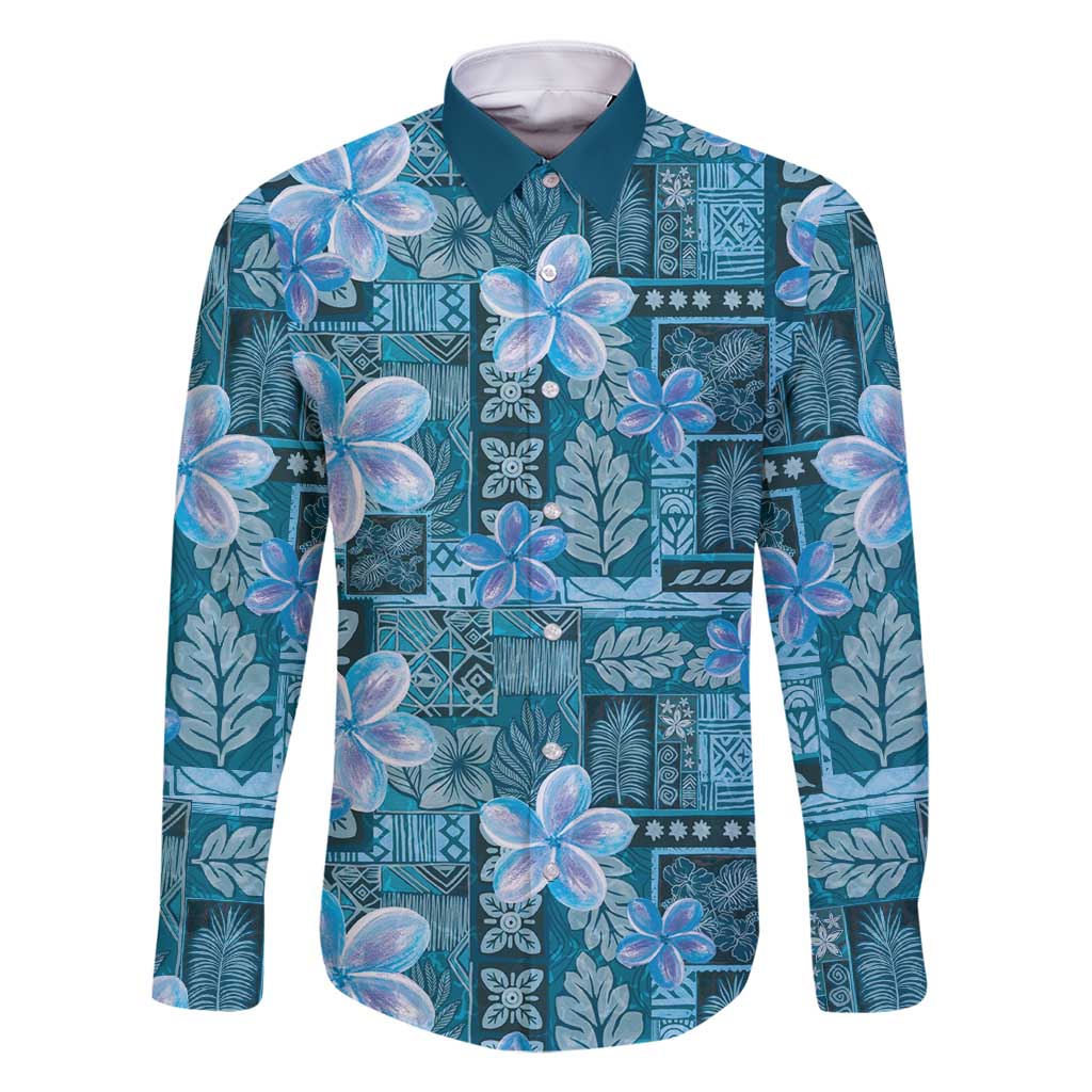 Cyan Hawaii Plumeria With Tropical Flowers Motifs Family Matching Long Sleeve Bodycon Dress and Hawaiian Shirt