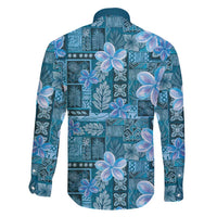 Cyan Hawaii Plumeria With Tropical Flowers Motifs Family Matching Long Sleeve Bodycon Dress and Hawaiian Shirt