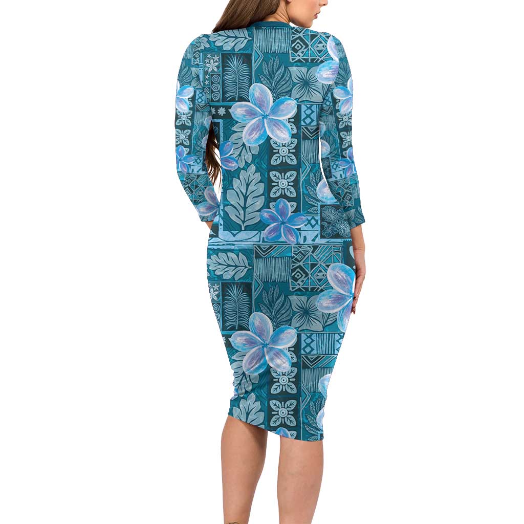 Cyan Hawaii Plumeria With Tropical Flowers Motifs Family Matching Long Sleeve Bodycon Dress and Hawaiian Shirt