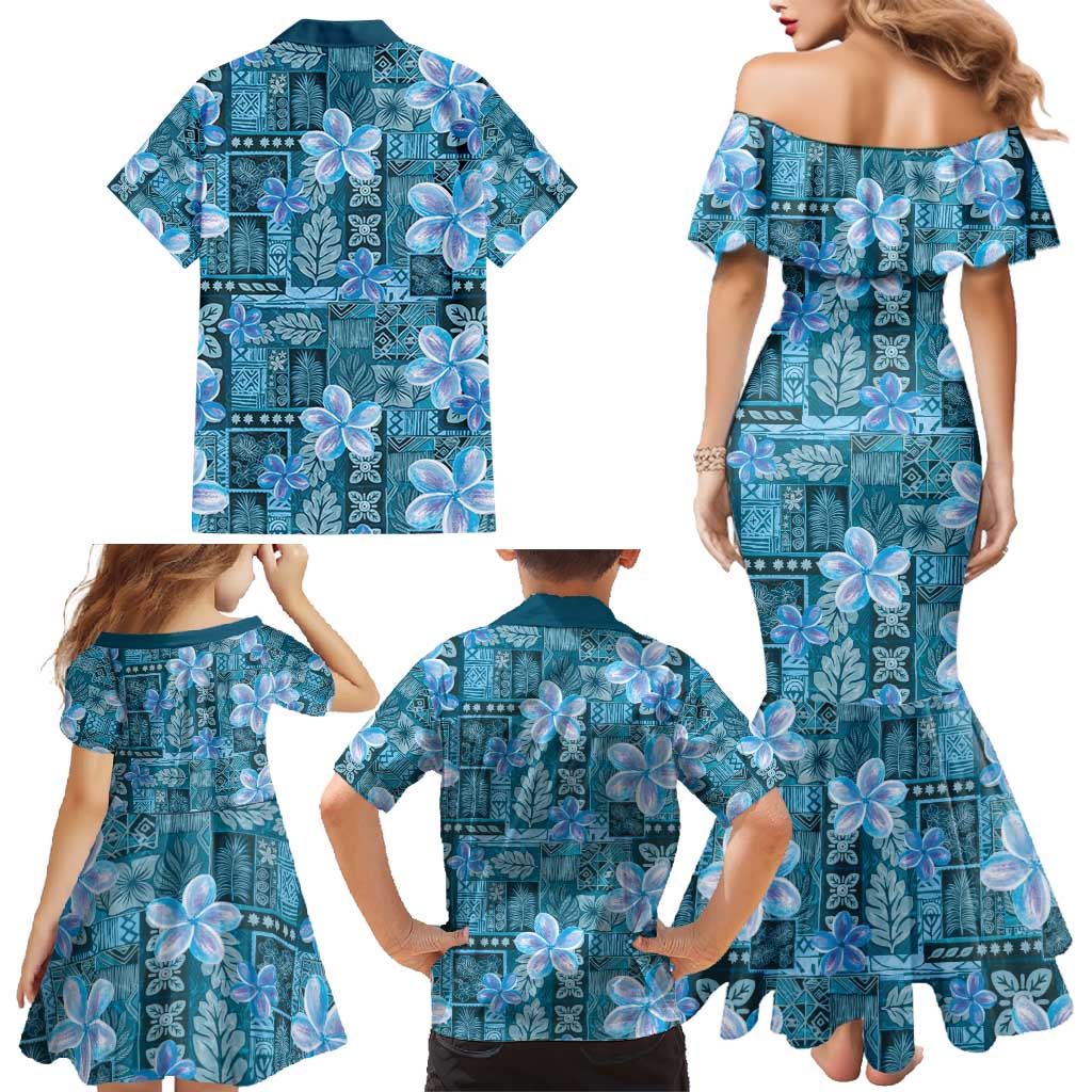 Cyan Hawaii Plumeria With Tropical Flowers Motifs Family Matching Mermaid Dress and Hawaiian Shirt