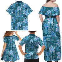 Cyan Hawaii Plumeria With Tropical Flowers Motifs Family Matching Off Shoulder Maxi Dress and Hawaiian Shirt