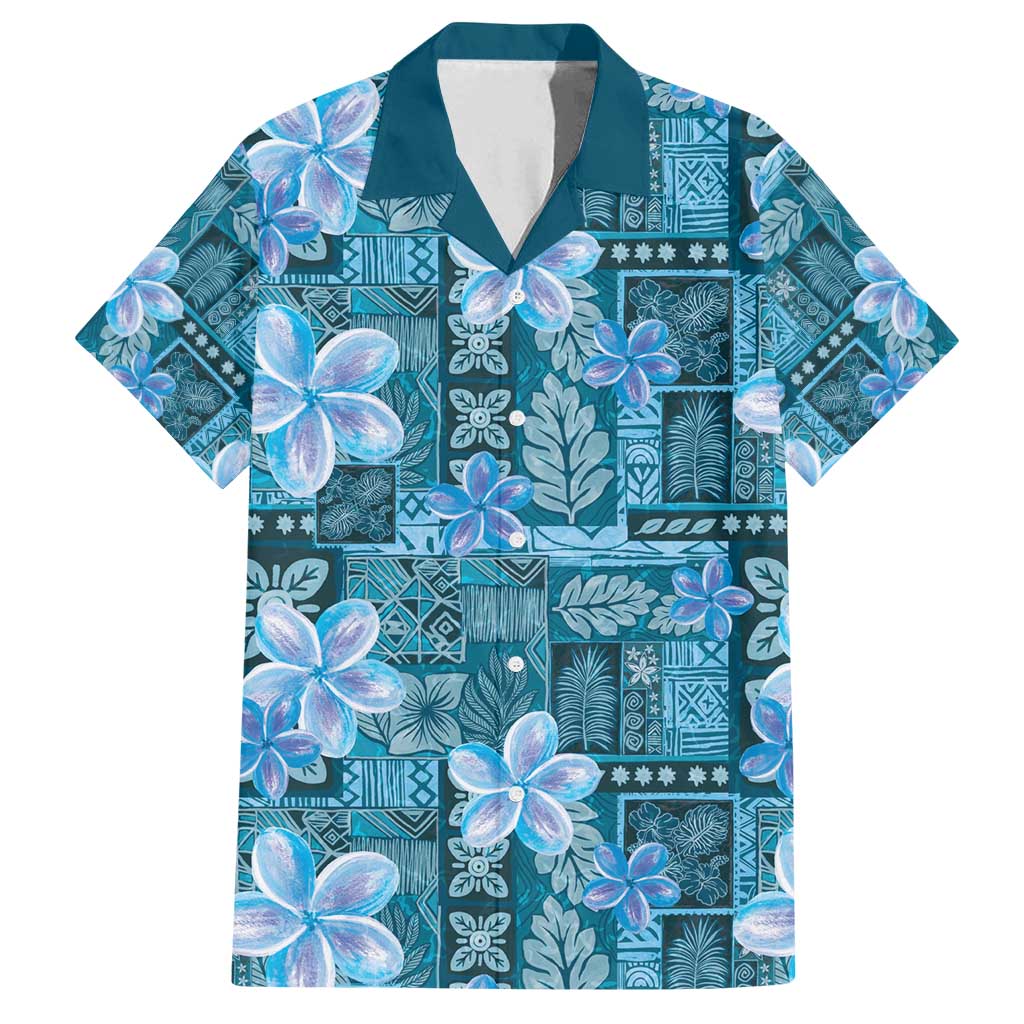 Cyan Hawaii Plumeria With Tropical Flowers Motifs Family Matching Off Shoulder Maxi Dress and Hawaiian Shirt