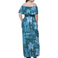 Cyan Hawaii Plumeria With Tropical Flowers Motifs Family Matching Off Shoulder Maxi Dress and Hawaiian Shirt