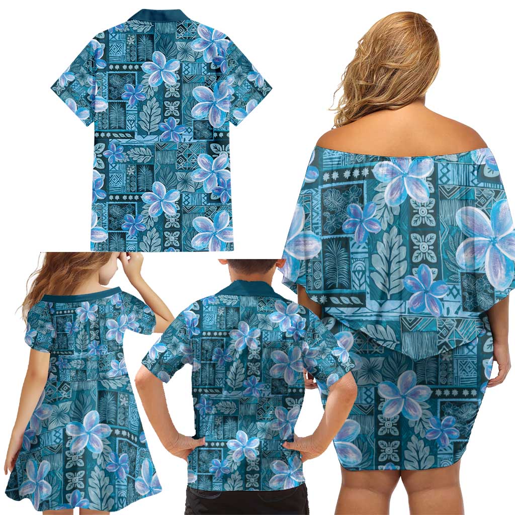 Cyan Hawaii Plumeria With Tropical Flowers Motifs Family Matching Off Shoulder Short Dress and Hawaiian Shirt