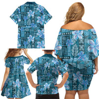 Cyan Hawaii Plumeria With Tropical Flowers Motifs Family Matching Off Shoulder Short Dress and Hawaiian Shirt