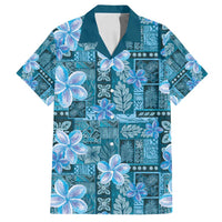 Cyan Hawaii Plumeria With Tropical Flowers Motifs Family Matching Off Shoulder Short Dress and Hawaiian Shirt